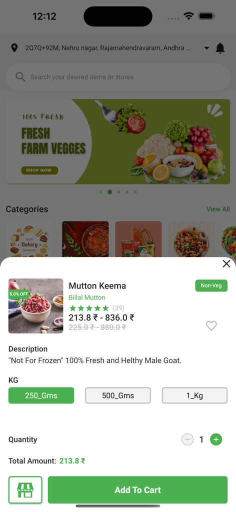 Pagina del prodotto per Keema di Montone nell'app Fresco e Fresco che mostra prezzo e opzioni di peso
