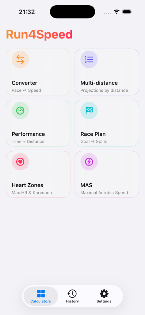 Run4Speed - Run4Speed app dashboard featuring running calculators for pace performance and race planning