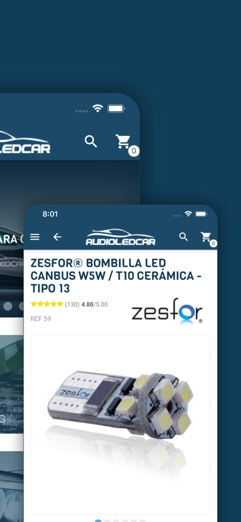 Audioledcar Accesorios Coche - Pagina prodotto per una lampadina LED Zesfor in ceramica sull'app mobile Audioledcar