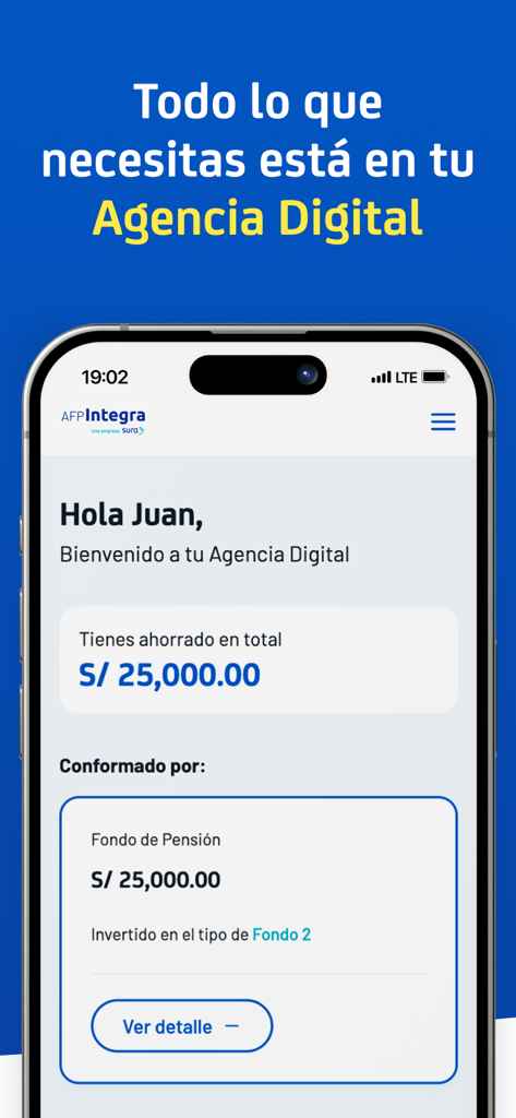 AFP Integra - Dashboard dell'app AFP Integra che mostra i risparmi del fondo pensione e il saldo del conto