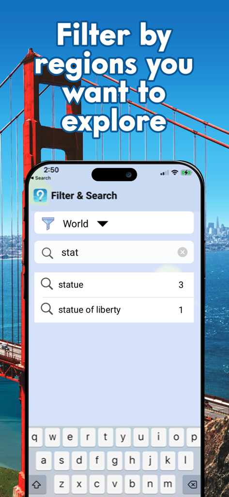 Pinpoint Where: Places to Know - Pinpoint Where app search and filter screen for travel destinations
