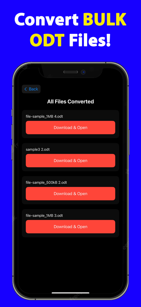Schermata mobile che mostra i risultati della conversione in batch di file ODT con opzioni di download e apertura.