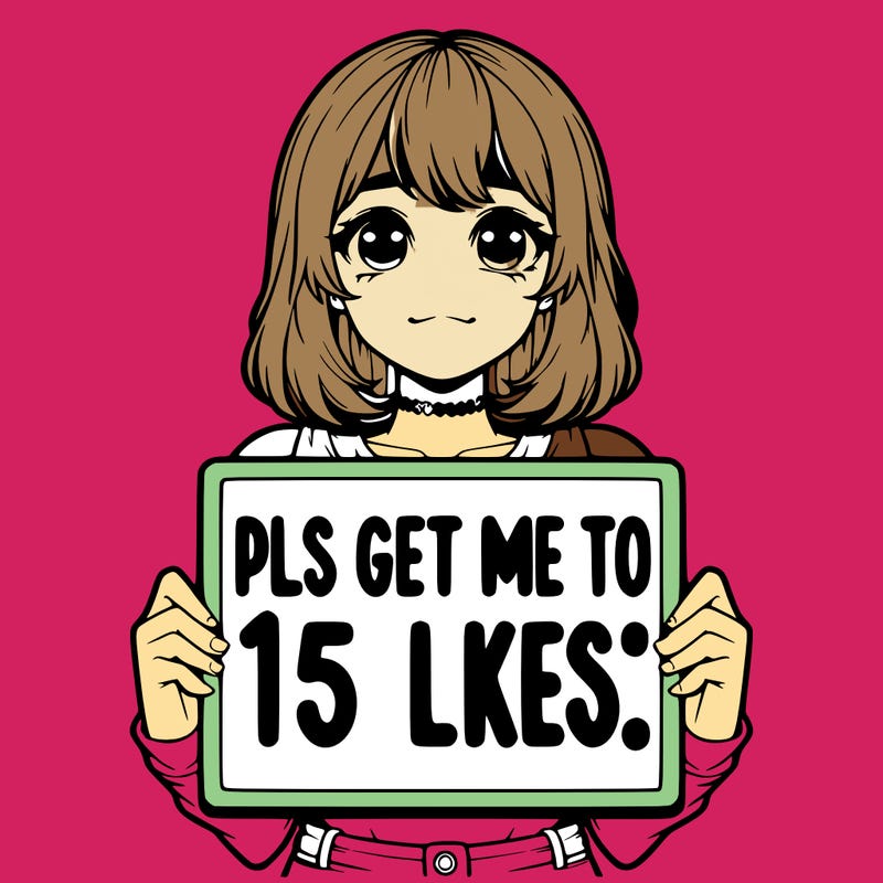 realistic girl holding up a sign that says “pls get me to 15 likes!”