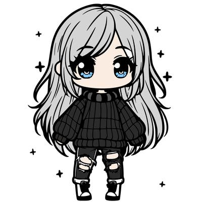 chibi girl with ripped jeans,long hair, and an oversized sweater