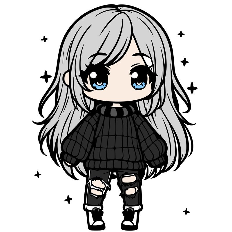 chibi girl with ripped jeans,long hair, and an oversized sweater