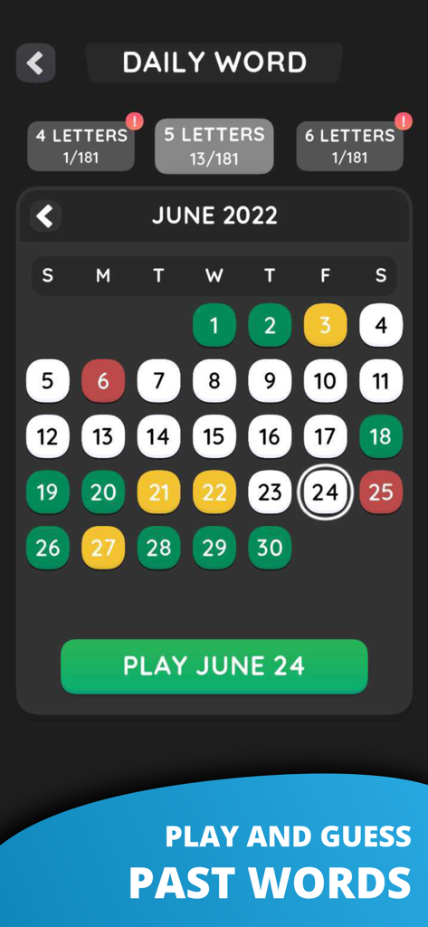 Wordling・Brain Word Game - Wordlingアプリのインターフェイス、色分けされた結果が表示される過去の毎日の単語パズルのカレンダー