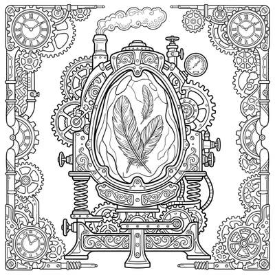 Step into a world where ancient natural beauty meets industrial innovation with this captivating coloring template. Discover delicate amber feathers encased in a magnificent Steampunk machine, ready for your artistic touch.