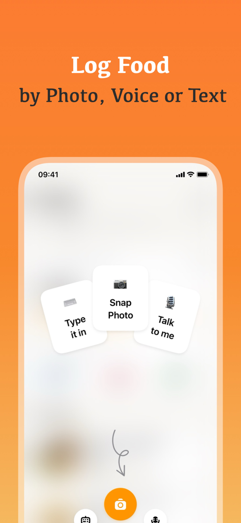 Kalo app interface showing options to log food by photo voice or text