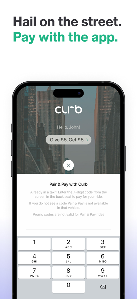 Interface do aplicativo Curb mostrando o recurso Pair and Pay para inserir um código de 7 dígitos para pagamento de táxi sem contato.
