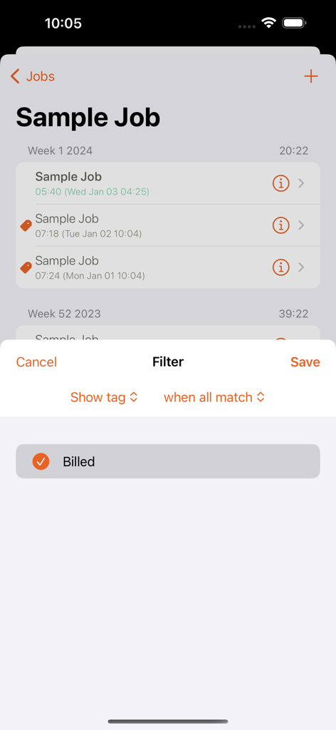 App Time Arc che mostra i registri dei lavori con un overlay di filtro per le attività fatturate.