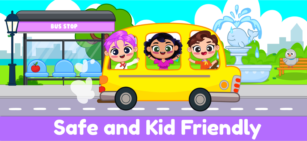ElePant Kids Learning Games 2+ - Happy children riding a yellow school bus in a safe and kid friendly learning app