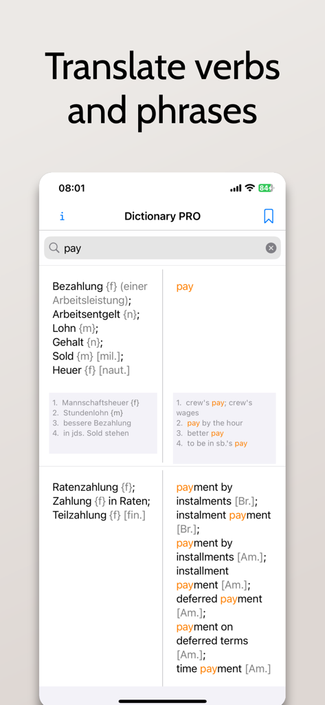 German English dictionary interface showing translations and example phrases for the word pay.