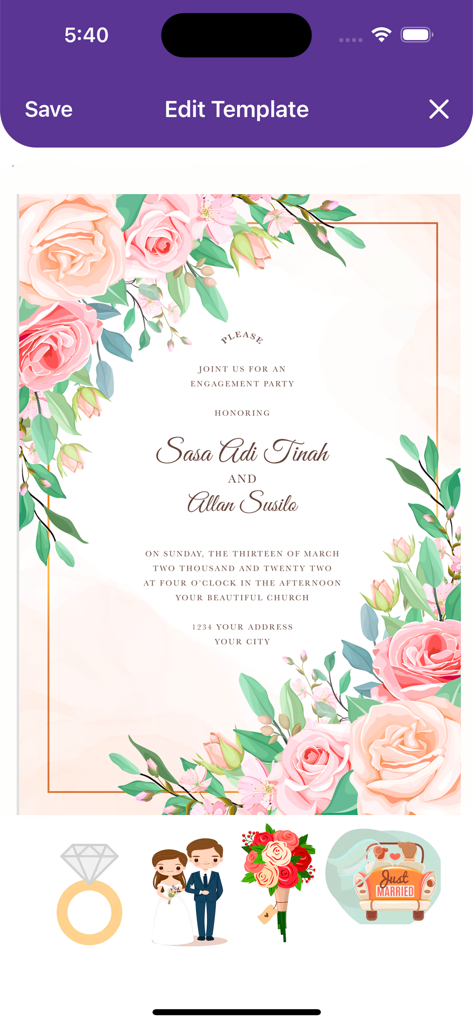 Mobile app interface for editing a floral engagement party invitation template
