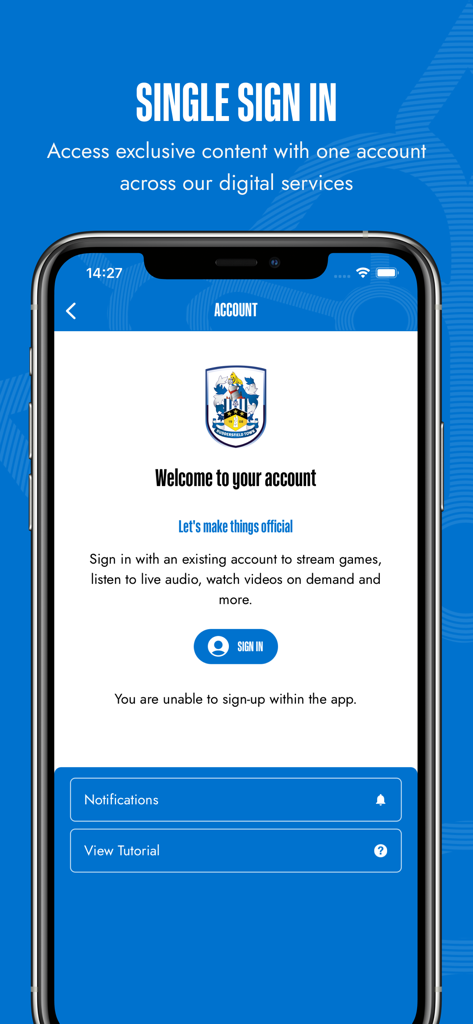 Huddersfield Town AFC - Schermata di accesso unico dell'app ufficiale dell'Huddersfield Town AFC che mostra lo stemma del club e il pulsante di accesso