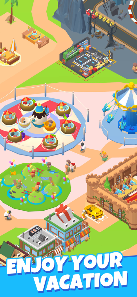 Camping Tycoon-Idle RV life - Vista isométrica colorida em 3D de um acampamento virtual com brinquedos de parque de diversões e instalações recreativas