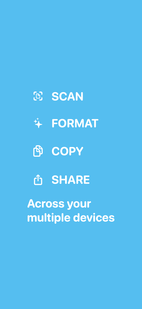 Scan.AI - AI Scan & Format - Graphic showing Scan.AI workflow steps: Scan, Format, Copy, and Share across multiple devices