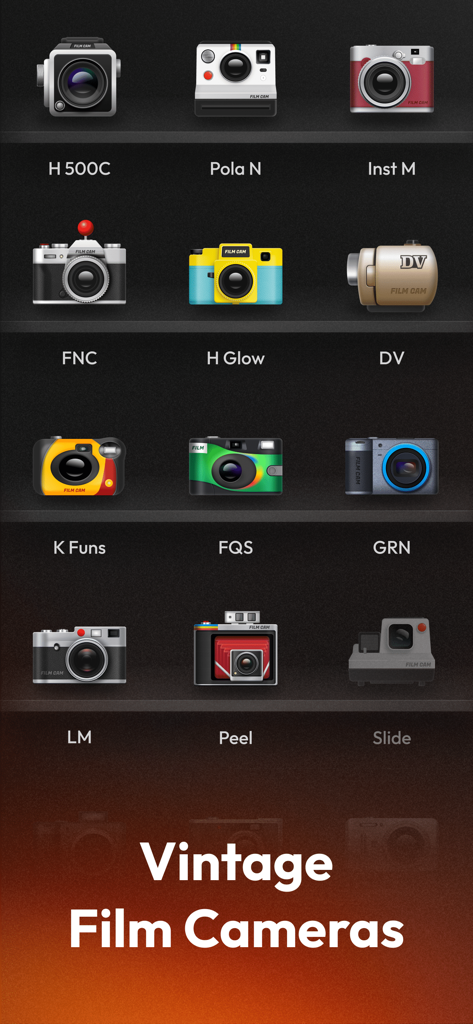 Una variedad de íconos de cámaras retro y vintage mostrados en el menú de selección de la aplicación
