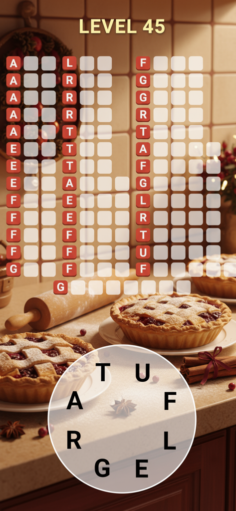 Word Trip level 45 gameplay showing a letter wheel and a crossword grid over a background of freshly baked cherry pies in a kitchen.