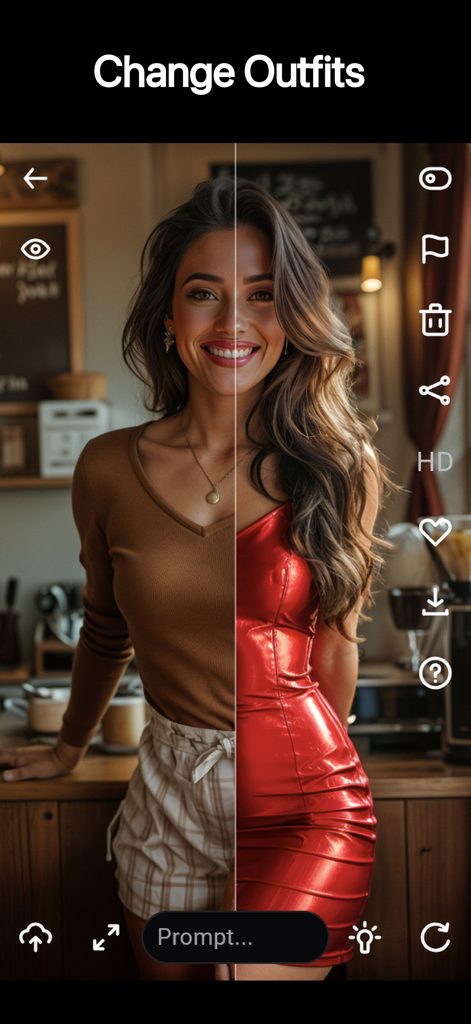 Riff - Fast AI Photo Edits - A split screen showing an AI outfit change from a brown top to a red dress