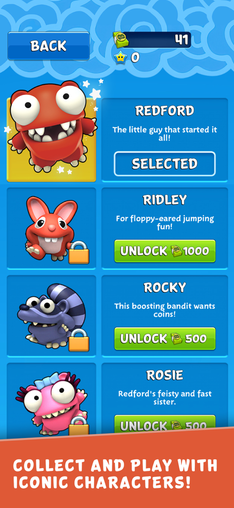 Mega Jump Halfbrick+ - Character selection screen in Mega Jump Halfbrick+ featuring unlockable characters like Redford, Ridley, Rocky, and Rosie