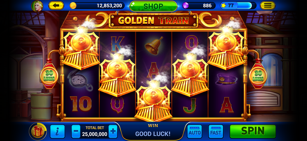 Golden Train slot machine interface with golden locomotives and 30 paylines