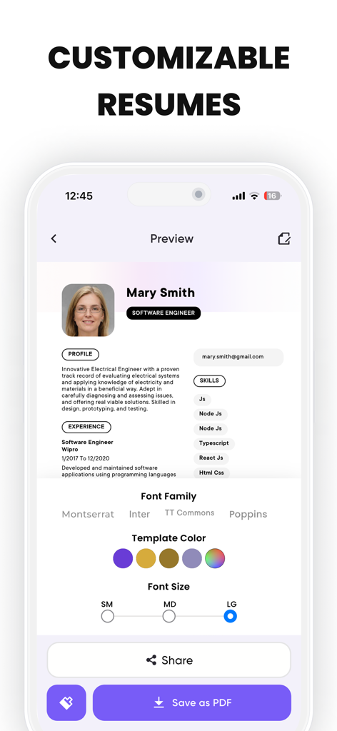 Screenshot of the Resume io app showing a professional resume preview with options to customize fonts, colors, and font sizes.
