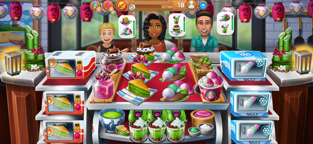 Virtual Families: Cook Off - Virtual Families Cook Off のゲームプレイ画面。キッチンレベルで、顧客とさまざまなデザートが表示されている様子