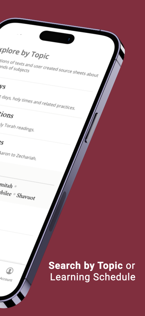 Sefaria: Jewish Texts Library - Interface de l'application Sefaria montrant les options Explorer par sujet et Rechercher par calendrier d'étude sur un smartphone