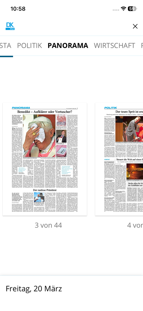 DK ePaper - Donaukurier - Die Benutzeroberfläche der DK ePaper-App zeigt digitale Zeitungsseiten aus den Rubriken Panorama und Politik an