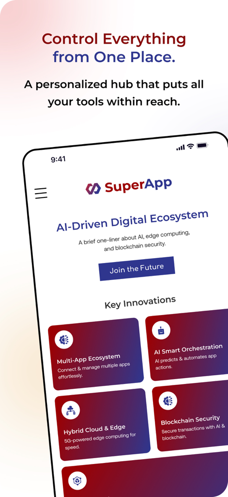 SuperApp, Inc. - Screenshot of SuperApp Inc showing an AI driven digital ecosystem with features for multi app management and smart orchestration
