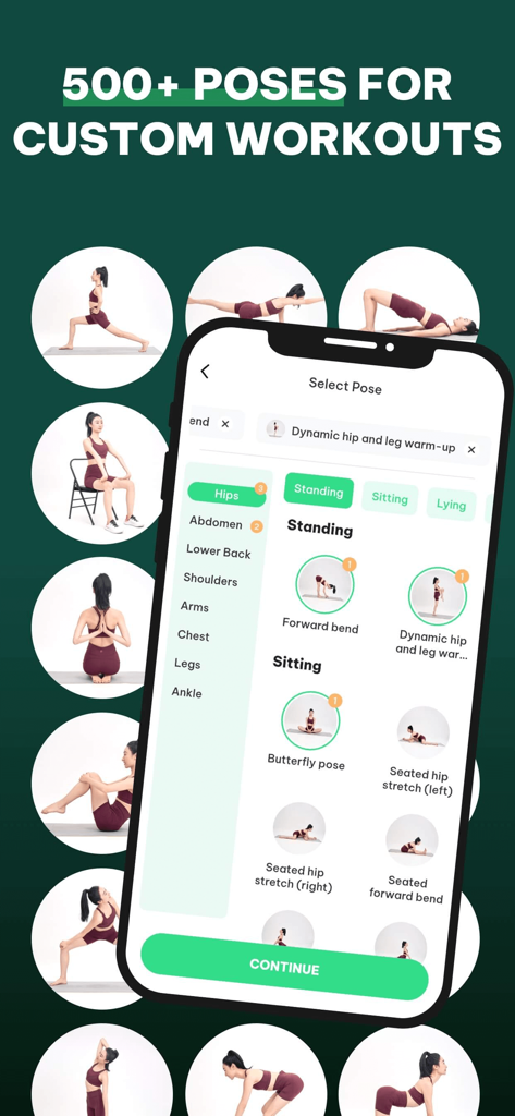 JustStretch | Flex & Mobility - Interfaz de la aplicación JustStretch que muestra una biblioteca de más de quinientas poses de estiramiento para entrenamientos personalizados.