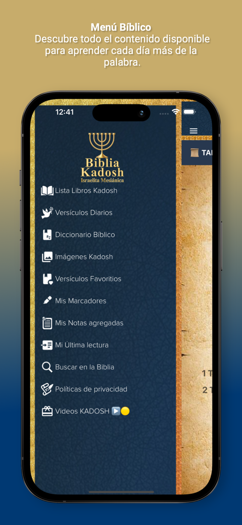 Biblia Kadosh - Biblia Kadosh app menu with biblical study tools and daily verses