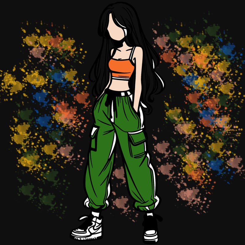 girl in baggy pants crop top and long hair