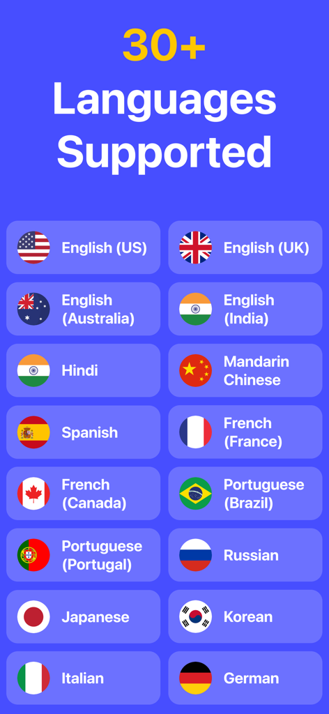 Text to Speech AIアプリがサポートする30以上の言語とアクセントのリスト。