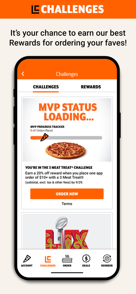 Little Caesars Pizza - Little Caesars mobile app screen showing the challenges section with an MVP status progress tracker and a special pizza order offer