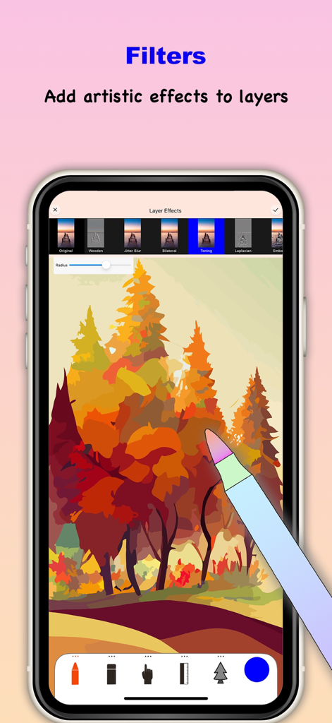 Interface of Sketch Tree Pro showing artistic filters applied to an illustration of autumn trees
