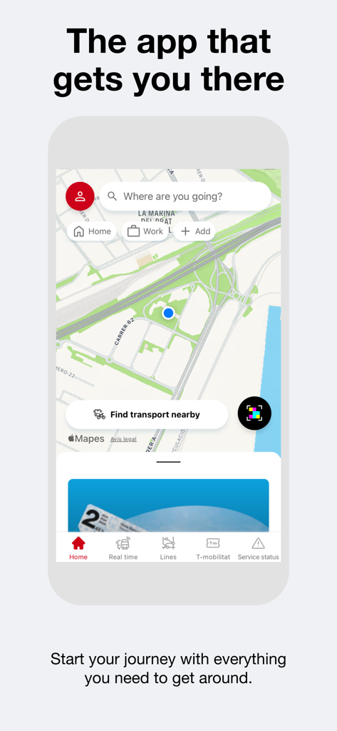 Captura de pantalla de la app TMB que muestra el mapa de transporte de Barcelona con una barra de búsqueda y opciones de transporte cercanas