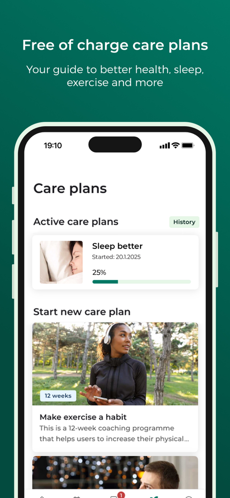 Meliva Sweden - Meliva app interface showing health care plans for sleep and exercise