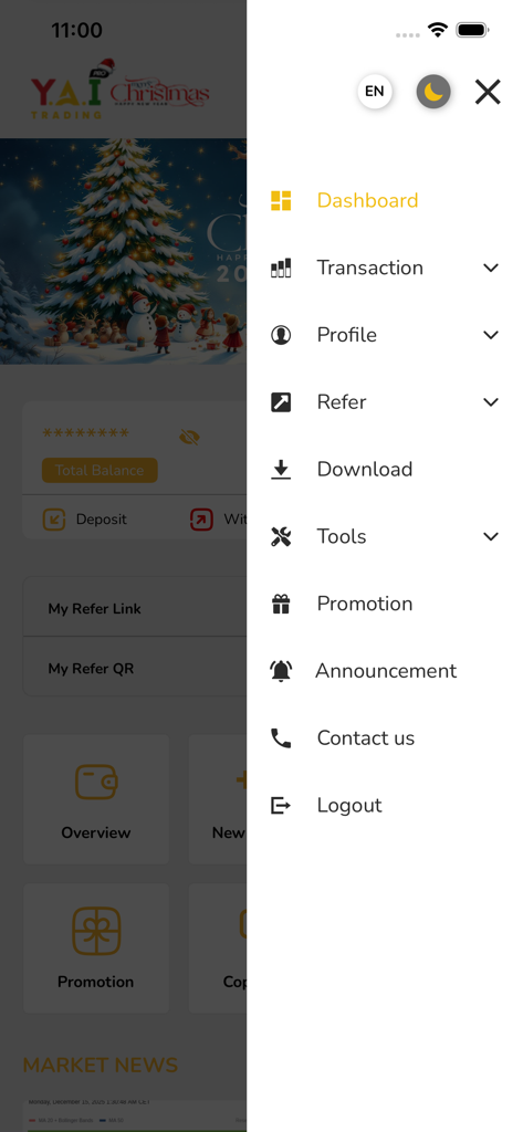 YAI TRADING PRO - Menú de navegación lateral de la aplicación móvil YAI TRADING PRO que muestra opciones para panel, transacciones, perfil y herramientas