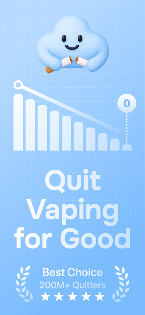 Puff Count: Quit Vaping App - Promotional screen for Puff Count app featuring a nicotine reduction chart and a cartoon cloud breaking a cigarette with the text Quit Vaping for Good