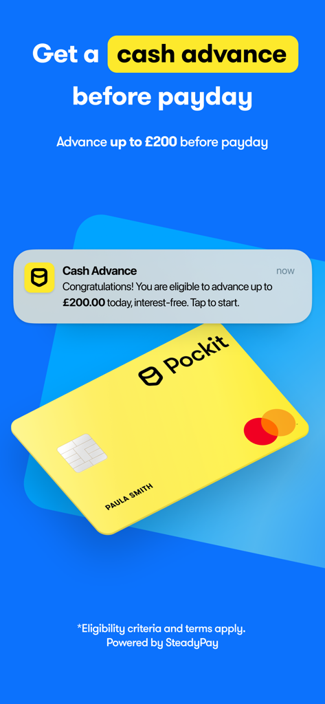Pockit mobile app screen displaying a cash advance offer of up to 200 pounds before payday with a yellow Pockit Mastercard