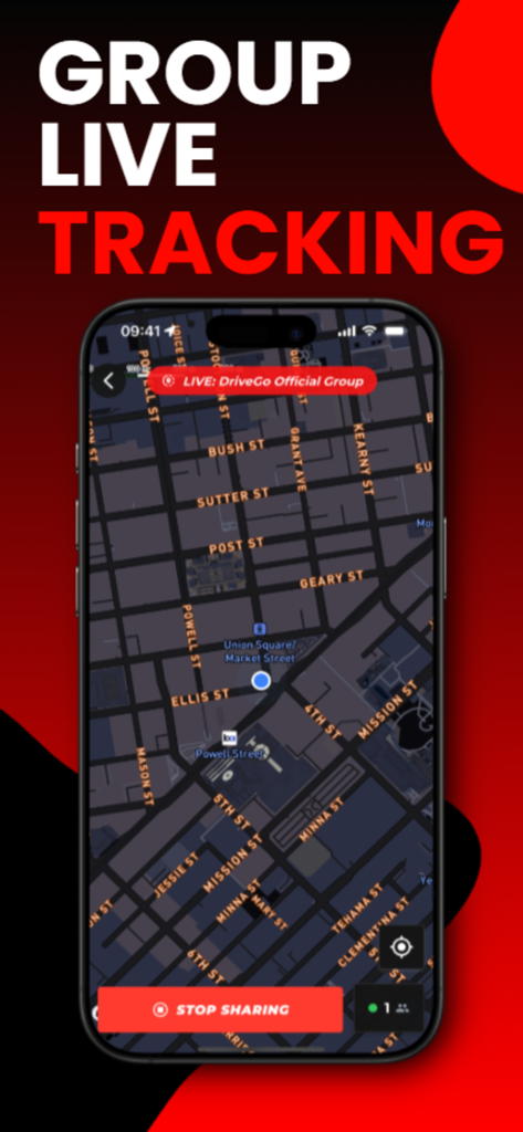 Interface do aplicativo DriveGo apresentando rastreamento ao vivo em grupo em um mapa urbano escuro