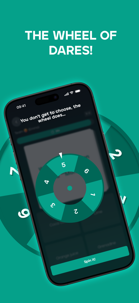 Una ruota digitale di sfide su una schermata di smartphone nell'app di gioco di festa Drinquiz.
