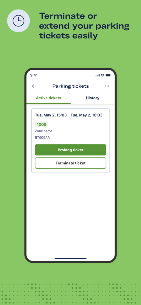 PAAS - Schermata dell'app PAAS che mostra le opzioni per prolungare o terminare un ticket di parcheggio attivo