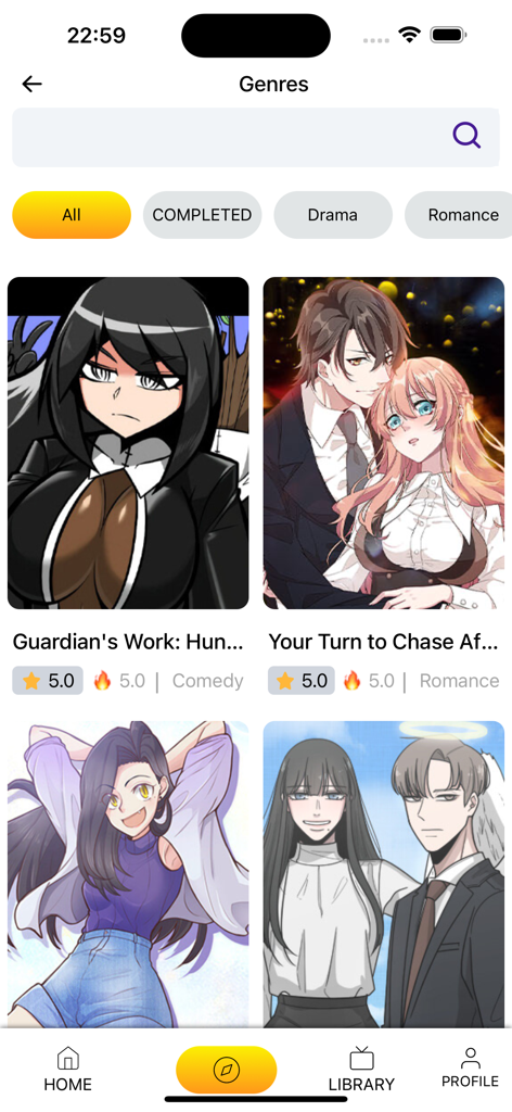 Toonred - Webtoon & Manga - Toonred app interface showing a list of manga and webtoon titles with genre filters for drama and romance