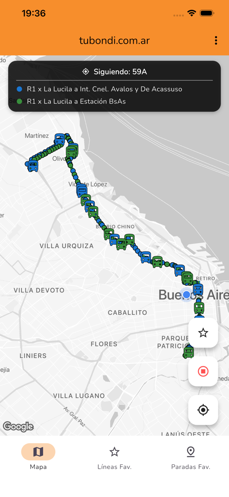 TuBondi: colectivos urbanos - Mapa en tiempo real en la aplicación TuBondi que muestra las ubicaciones y rutas de los autobuses para la línea 59A en Buenos Aires.