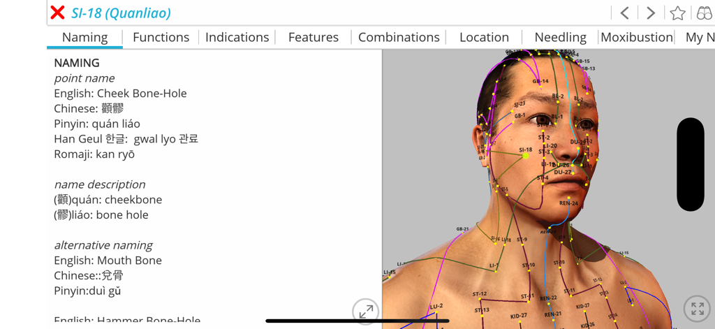 Visual Acupuncture 3D - Acupuncture point SI-18 information page with 3D model of head and meridians