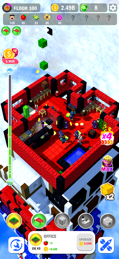 Tower Craft 3D - Idle Building - Juego de Tower Craft 3D que muestra un rascacielos de vóxeles 3D en construcción en las nubes con personajes en un piso de oficina.