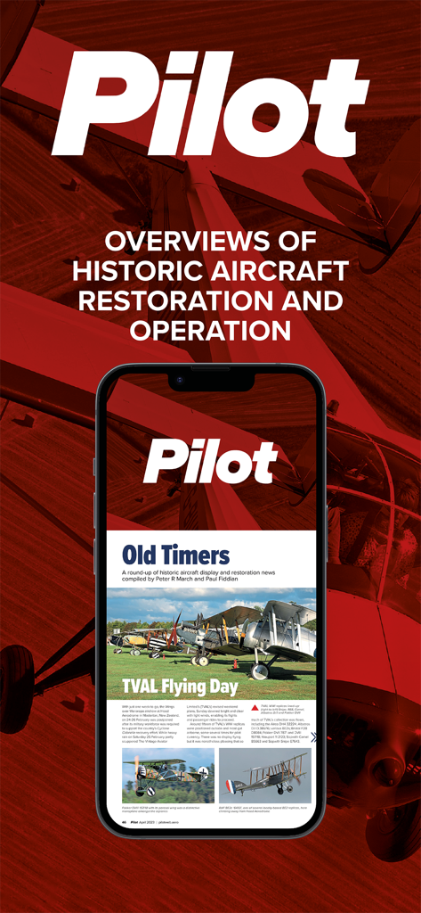 La aplicación Pilot Magazine muestra un artículo sobre la restauración y operación de aeronaves históricas en un smartphone.
