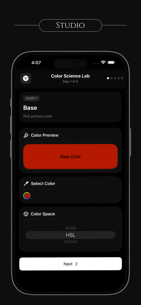 Glassify Pro Widgets and Theme - Tela do Laboratório de Ciência de Cores do Glassify Pro para selecionar uma cor base